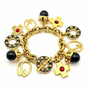 Vintage St. John Gold Tone Charm Toggle Bracelet – Black Enamel Cross SJ  7.5”
